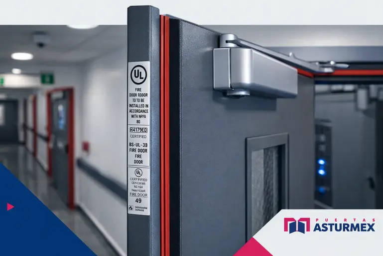 Puerta cortafuego con etiqueta de certificación UL y sellos intumescentes instalada en proyecto conforme a NFPA 80 en México