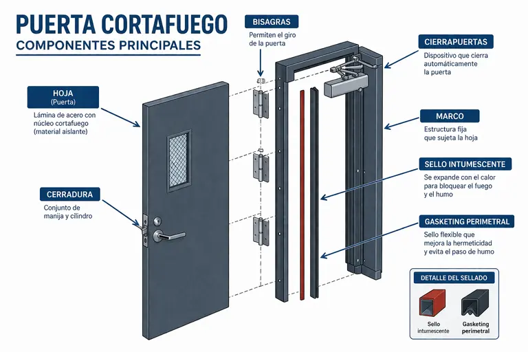Diagrama de componentes de un conjunto de puerta cortafuego certificada bajo NFPA 80: hoja, marco, bisagras, cierrapuertas y sellos intumescentes