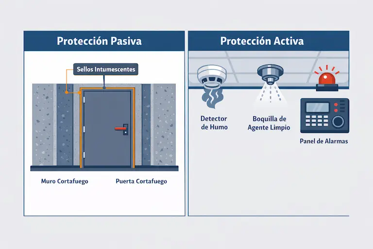 Infografía comparativa de protección pasiva y protección activa contra incendios en data centers, con puerta cortafuego como barrera de compartimentación