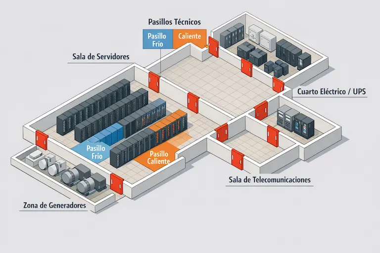 Plano isométrico de las zonas de un data center que requieren puertas cortafuego certificadas: sala de servidores, cuarto eléctrico, pasillos técnicos y sala de telecomunicaciones