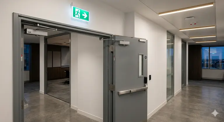 Puerta cortafuego de acero con señal verde de salida de emergencia iluminada en corredor corporativo conforme a NOM-026 STPS 2008