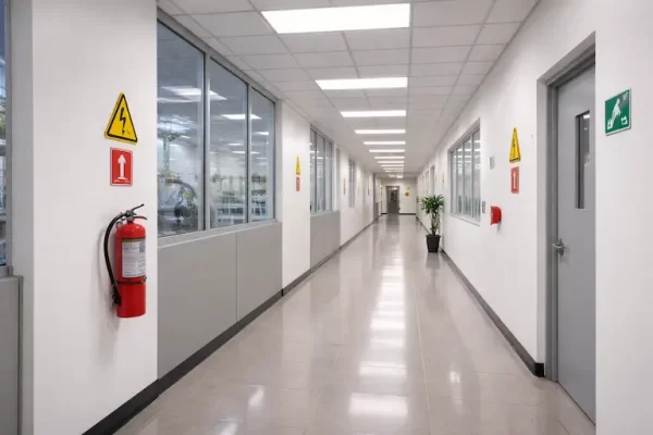 Corredor de instalación industrial con señales de seguridad NOM-026 STPS en paredes: señales verdes, amarillas y rojas