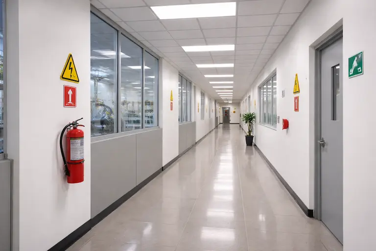 Corredor de instalación industrial con señales de seguridad NOM-026 STPS en paredes: señales verdes, amarillas y rojas