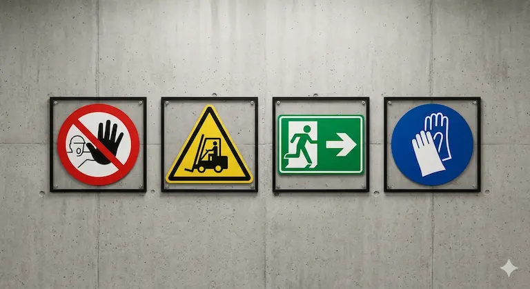Cuatro tipos de señales de seguridad según la NOM-026: prohibición roja, precaución amarilla, emergencia verde y obligación azul